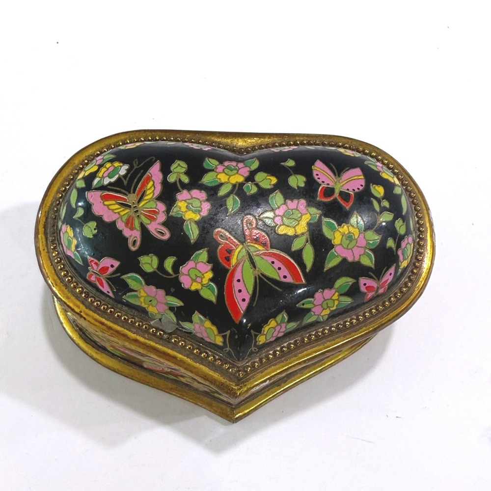 Vintage Heart Shaped Butterfly Floral Trinket Box Made in Japan Black Gold Red
